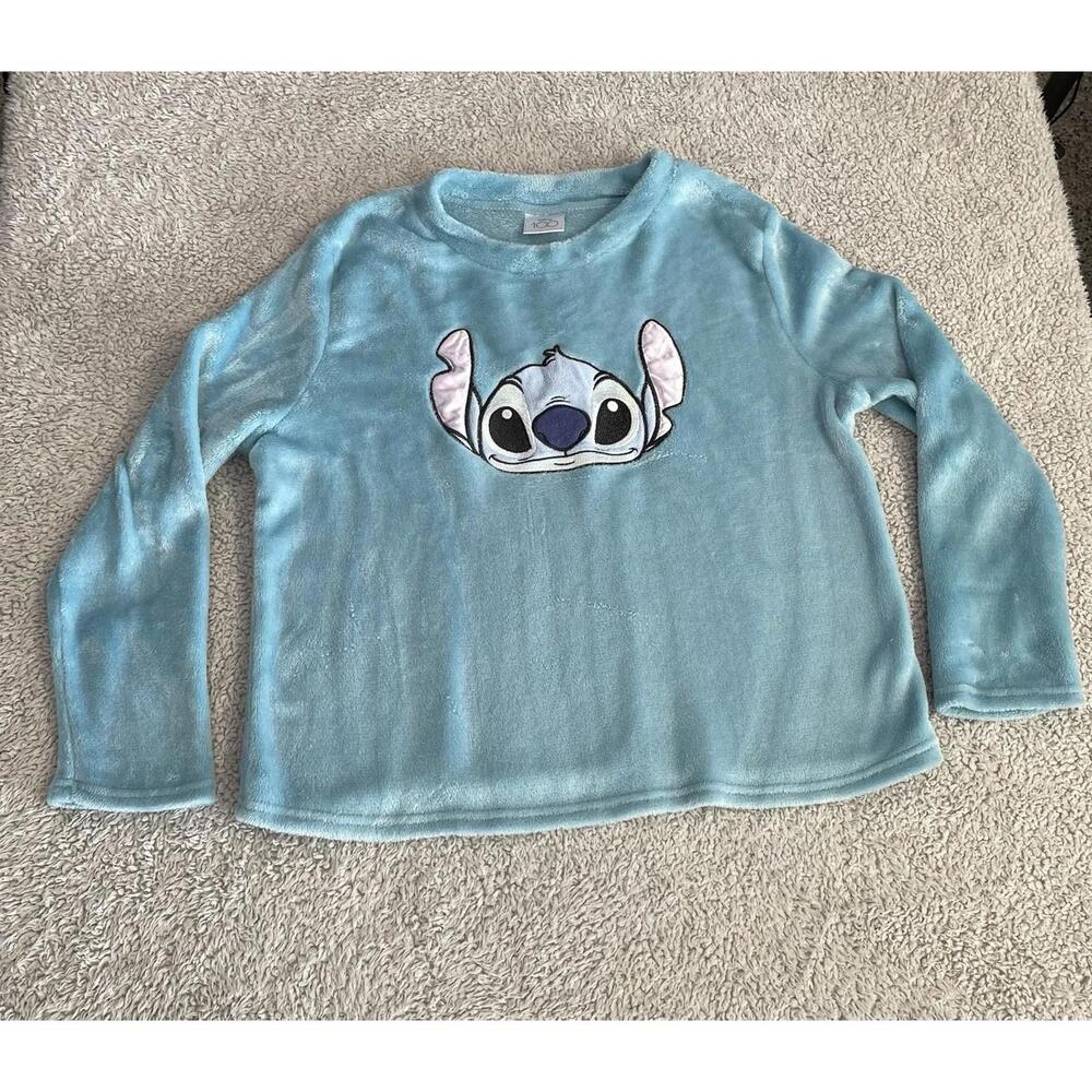 Disney 100 Pajama Top Size L 12/14 Aqua Blue Stitch LILO Fleece Long Sleeve Soft